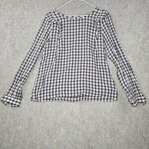 Loft Womens Plaid Long-Sleeve Blouse Black/White Lightweight Semi-Sheer